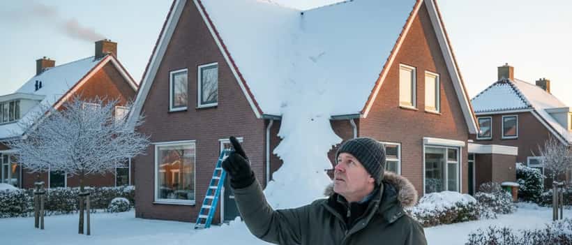 Huiseigenaar inspecteert sneeuw op het dak van zijn woning in Nederland