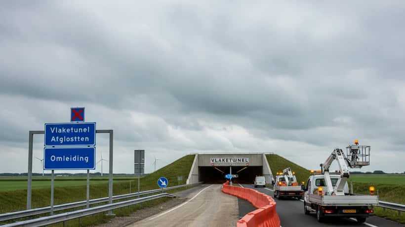 Afgesloten Vlaketunnel op de A58 in Zeeland met oranje omleidingsborden