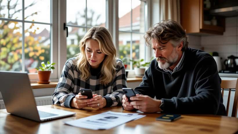 Twee volwassen broers of zussen kijken bezorgd naar een smartphone en een vermissingsflyer aan de keukentafel