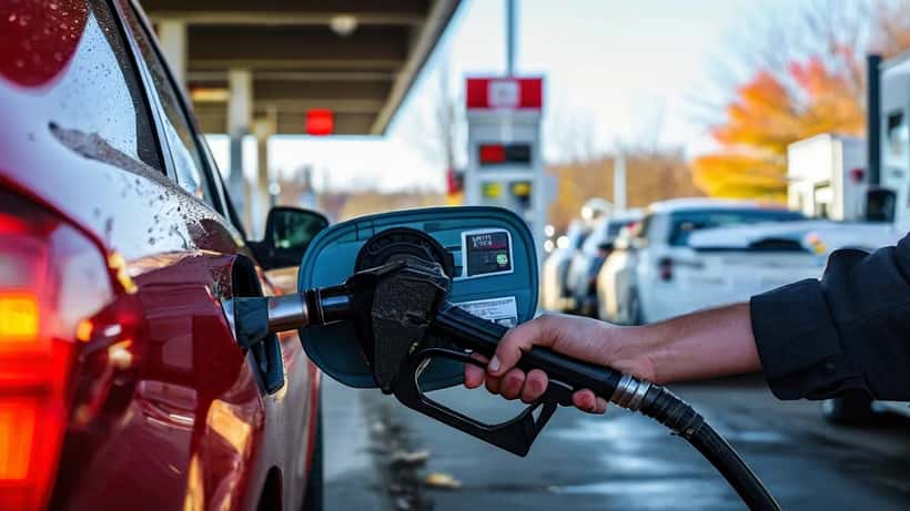 Canadian driver filling up at a gas station, digital pump display showing updated fuel price after tax suspension