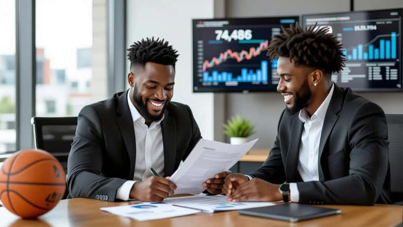 Young athlete reviewing contract with wealth management advisor in Toronto office