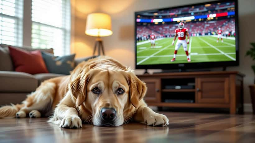 Perro labrador temblando bajo la mesa durante partido NFL en televisión