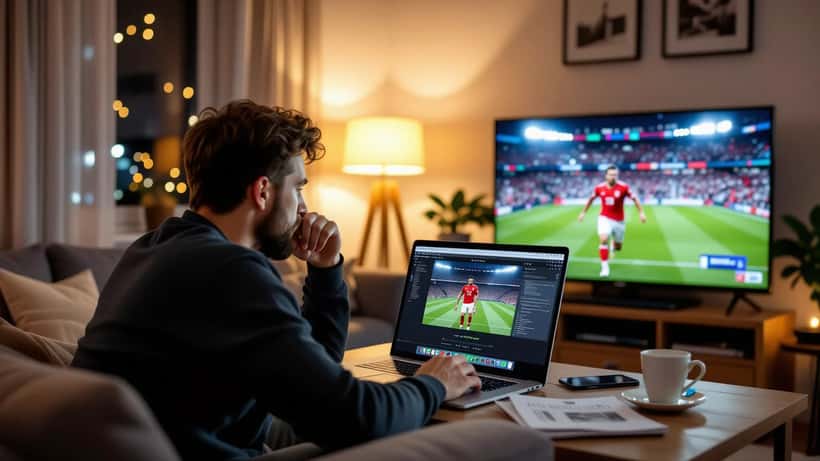 British man frustrated with streaming error screen while football match plays on TV in the background
