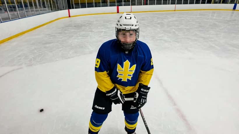 Ishockeyförsvarare i full utrustning i defensiv position på isen i en inomhusarena