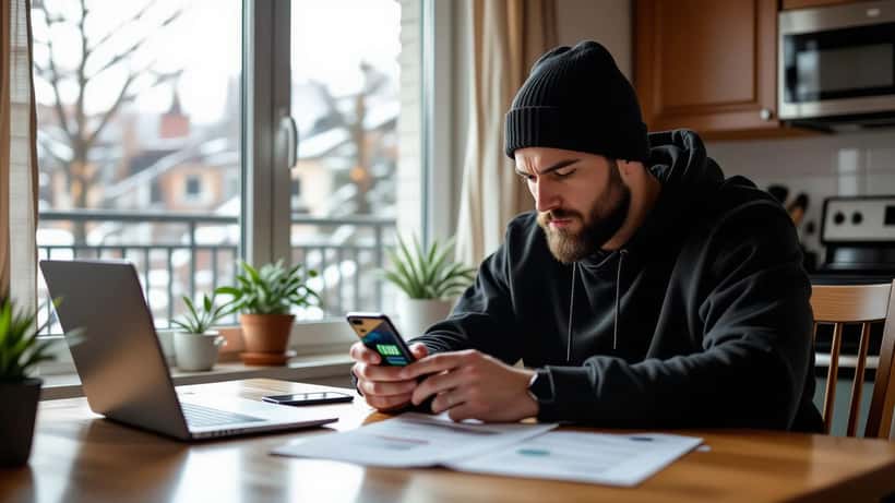 Homme frustré à Montréal regardant son téléphone affichant une mise maximale d'un dollar sur une appli de paris