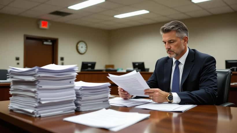 Defense attorney reviewing parole board documents at a Los Angeles courthouse table