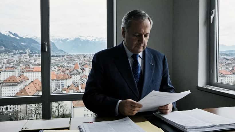Avocat suisse consultant des documents juridiques dans un bureau à Genève