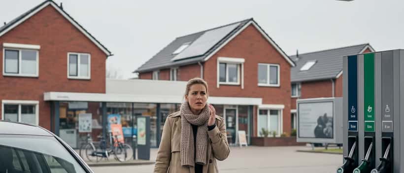 Nederlandse automobilist bij het tankstation kijkt bezorgd naar de brandstofprijzen