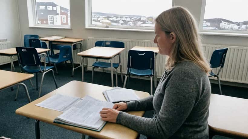 Kennari í skóla notar gervigreind á fartölvu í íslenskum skólasal