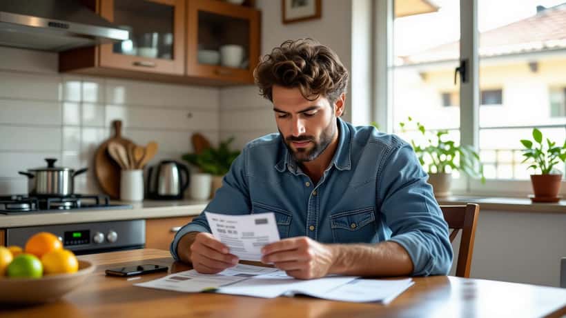 Homem brasileiro examina bilhete premiado da Lotofácil 3753 com calculadora e anotações financeiras em São Paulo