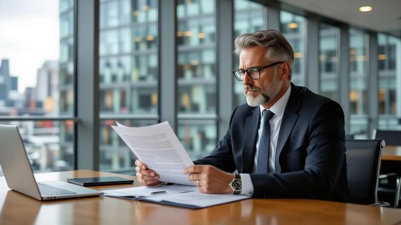 Man in a suit reviewing an employment contract in a London meeting room