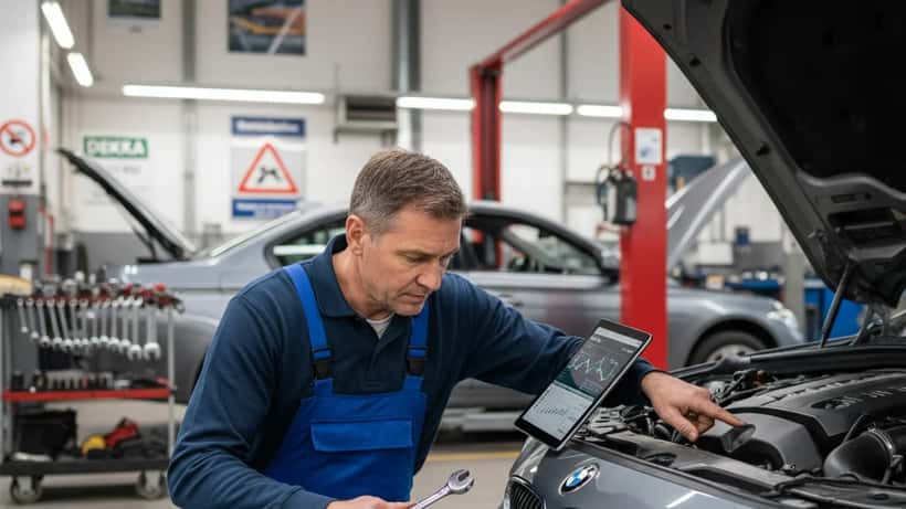 KFZ-Meister in München prüft Dieselmotor mit Diagnosegerät in Autowerkstatt