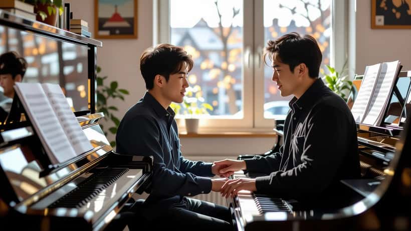Professeur de musique d'origine asiatique donnant un cours de piano à un adolescent dans un studio montréalais