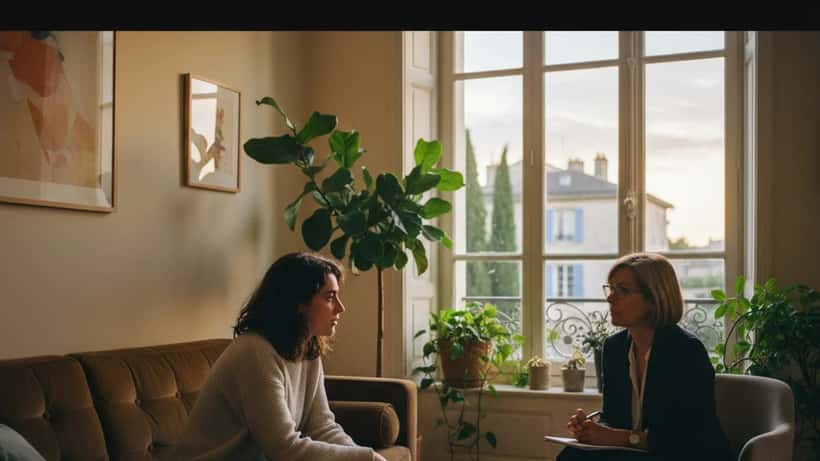 Jeune femme en consultation psychologique dans un cabinet parisien, symbolisant l'aide en santé mentale pour les jeunes adultes