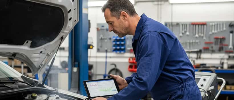 Mécanicien inspectant le moteur d'une Peugeot 208 dans un atelier de réparation