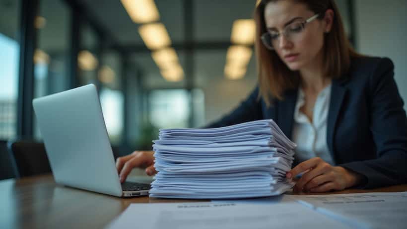 HR manager reviewing Form I-9 employment verification documents at office desk