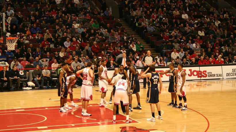 NBA basketball jump ball at the free throw line during a game