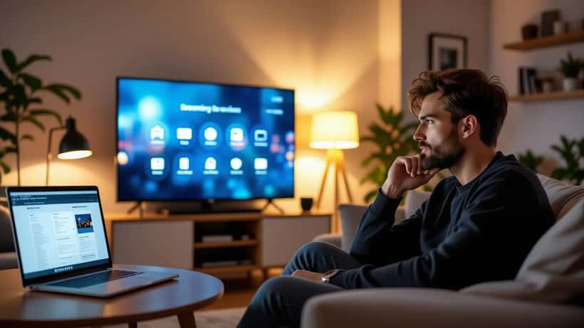 British man looking concerned at his smart TV showing a streaming service account management page, illustrating data privacy concerns with HBO Max UK