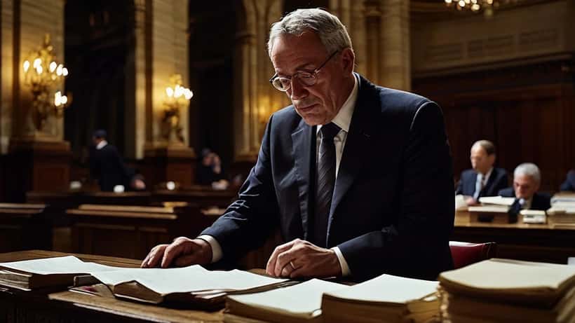 Procureur général en robe dans une salle d'audience de la Cour de Cassation à Paris, documents judiciaires étalés sur le pupitre