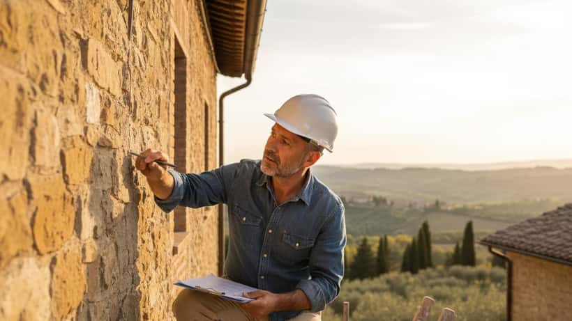 Artigiano ispeziona crepe in un muro di pietra di una casa toscana dopo un terremoto