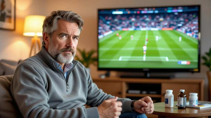 Svensk man kontrollerar blodtrycket hemma med fotbollsmatch på TV i bakgrunden