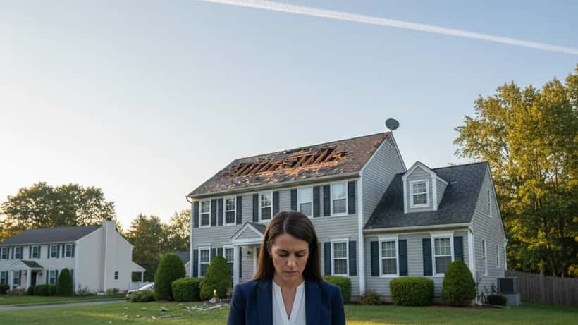 American woman attorney reviewing property damage documents outside suburban home after fireball event