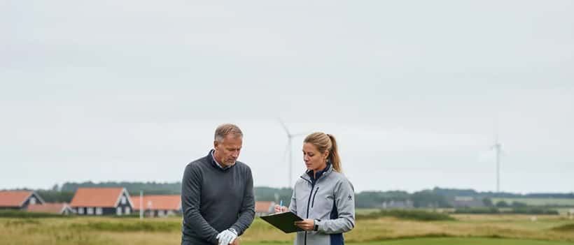 Dansk mand i golfantræk støtter sig til en golfkølle på en bane i Aarhus mens en fysioterapeut tager noter bagved
