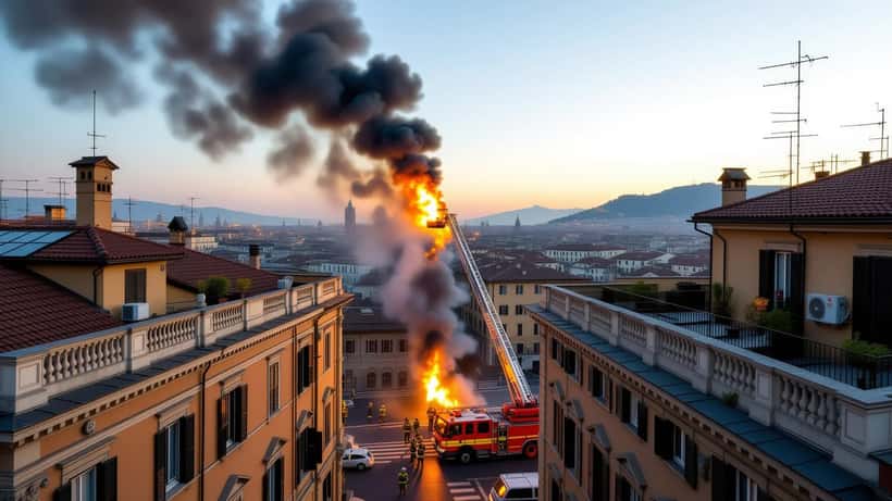 Colonna di fumo nero da un incendio su un terrazzo nel centro di Milano, vigili del fuoco in azione