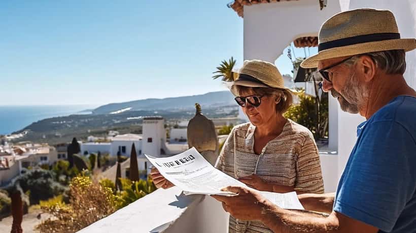 Norsk par undersøker eiendomskontrakt på terrasse ved hvit spansk villa med Middelhavet i bakgrunnen, Costa del Sol