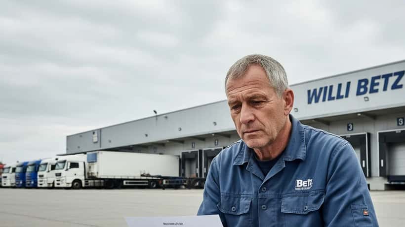 Lkw-Fahrer sitzt besorgt vor einem Betz-Logistikdepot mit geparkten Sattelzügen im Hintergrund