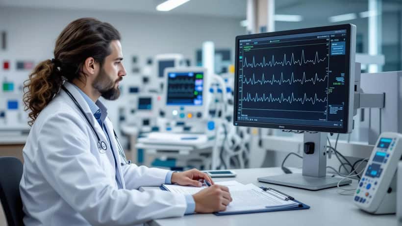 Médico a analisar monitor cardíaco num hospital português