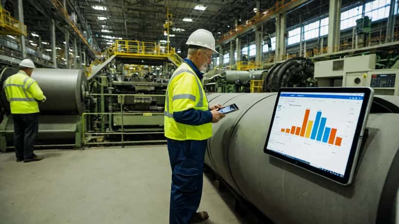 Teollisuusinsinööri Valmetin paperikonetuotantolaitoksessa tarkastelee tablettia