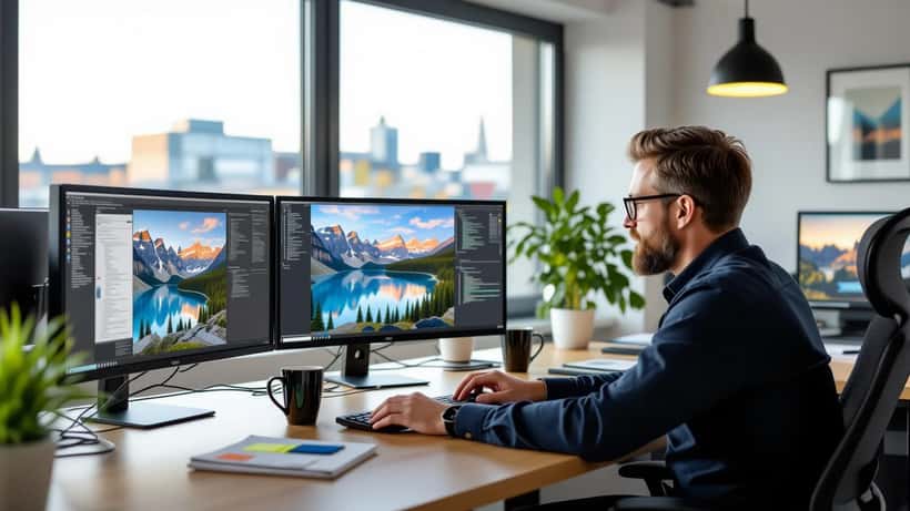 IT-Berater vergleicht Karten-APIs auf zwei Monitoren in modernem Frankfurter Buero