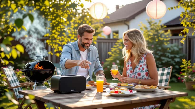 Paar zeigt auf Bluetooth-Outdoor-Lautsprecher auf Gartentisch bei Sommerparty mit Grill im Hintergrund