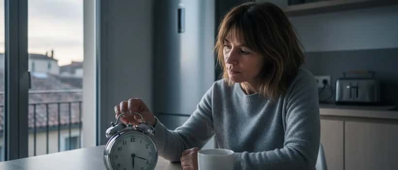 Femme fatiguée ajustant son réveil à l'aube lors du changement d'heure de printemps 2026