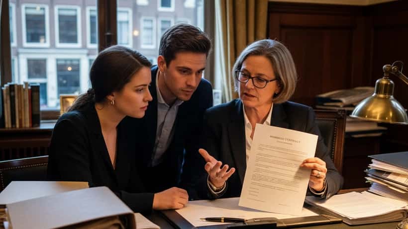 Notaris bespreekt huwelijkse voorwaarden met een jong stel in Amsterdam