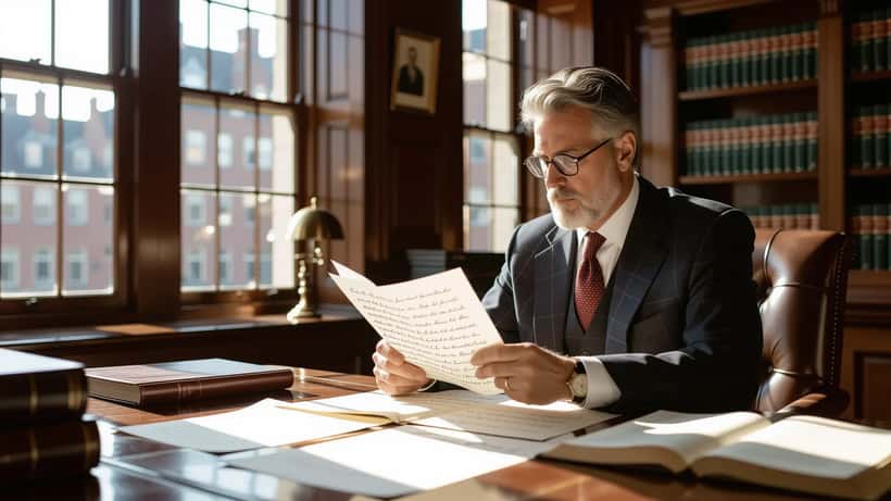 Solicitor reviewing estate documents and musical score in a London law office