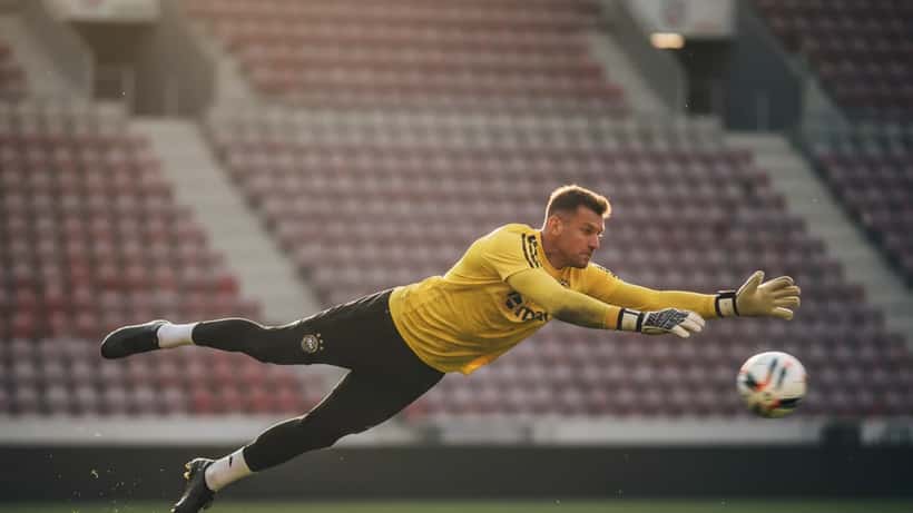 Professionel målmand i dynamisk redningsposition under træning på fodboldbane i München