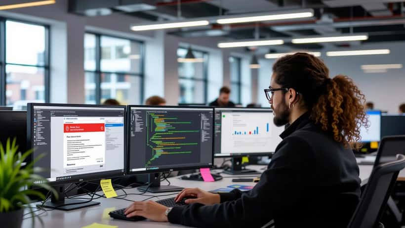IT security analyst reviewing a suspicious phishing email on office computer monitor