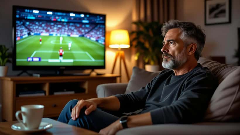 Adepto português no sofá a ver o jogo da Suíça e Colômbia no Mundial 2026, com a mão no peito de tensão