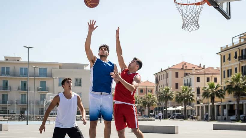 Giovani atleti italiani che giocano a basket 3x3 su un playground all'aperto in una città italiana
