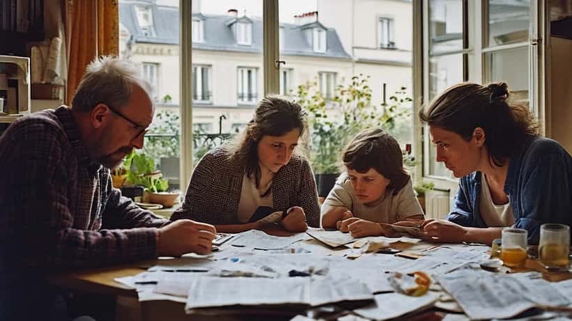 Famille française regardant ses factures d'énergie sur la table de cuisine avec calculatrice et chaudière à gaz en arrière-plan