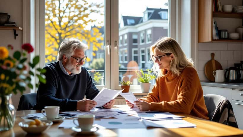 Koppel bekijkt financiële documenten samen aan tafel