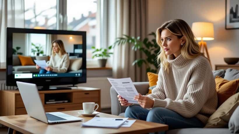 Suomalainen nainen katsoo huolestuneena televisiomainosta olohuoneessa, kädessä kuluttajareklamaatio