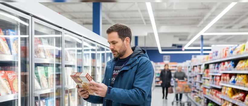 Consumer inspecting frozen food packages in grocery store aisle