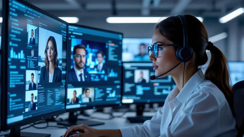 Analista de cibersegurança a examinar num monitor um vídeo suspeito de um líder mundial com alerta de conteúdo manipulado