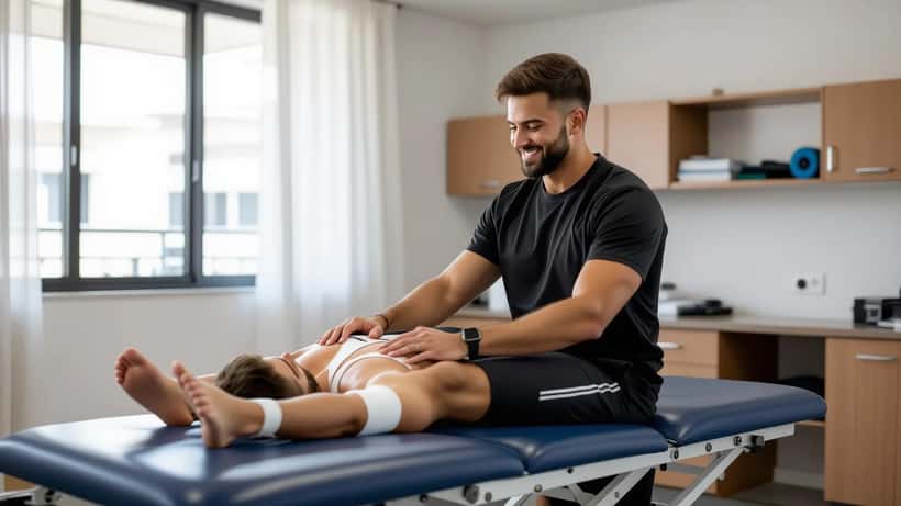 Atleta em processo de reabilitação de lesão no joelho com fisioterapeuta em clínica esportiva