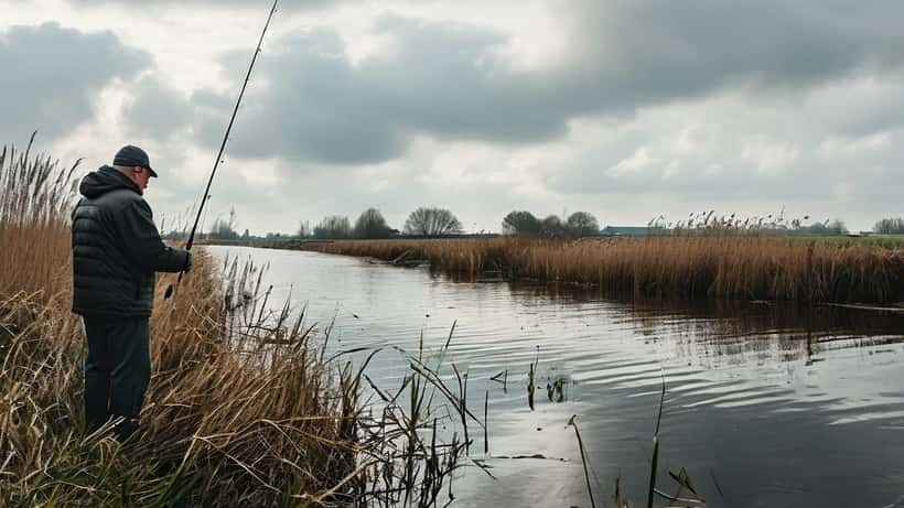 Nederlandse sportvisser aan een polderkanaal met een hengel, vroeg in het voorjaar
