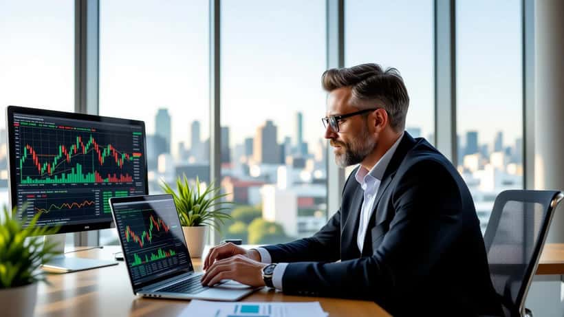 Investidor brasileiro analisando carteira de investimentos em computador durante eleições 2026
