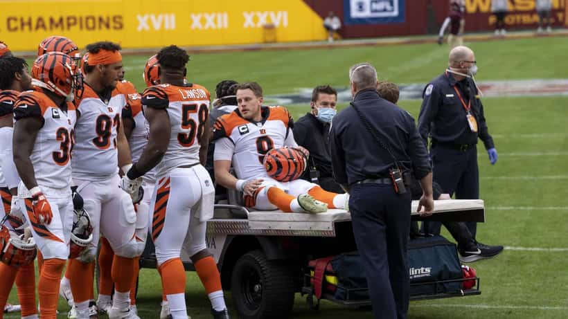 Joe Burrow after being injured on the field in 2020 Cincinnati Bengals game
